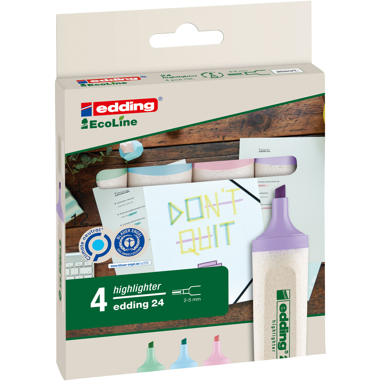 Edding 24 Ecoline Surligneur pointe biseautée 2-5 mm - pochette de 4 assortis pastel