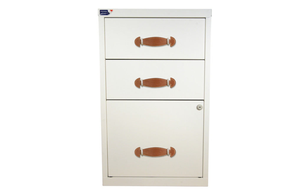 Caisson mtal James 3 tiroirs - Poignes simili cuir - Blanc