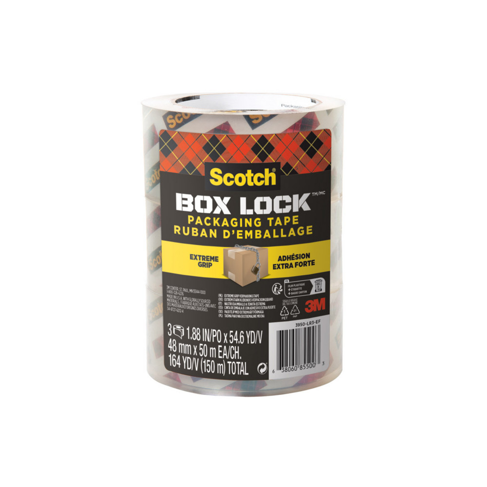 Scotch Ruban adhsif d'emballage Box Lock 3950 transparent - Rouleau adhsion extra forte - 48 mm x 50 m - Lot de 3 rubans