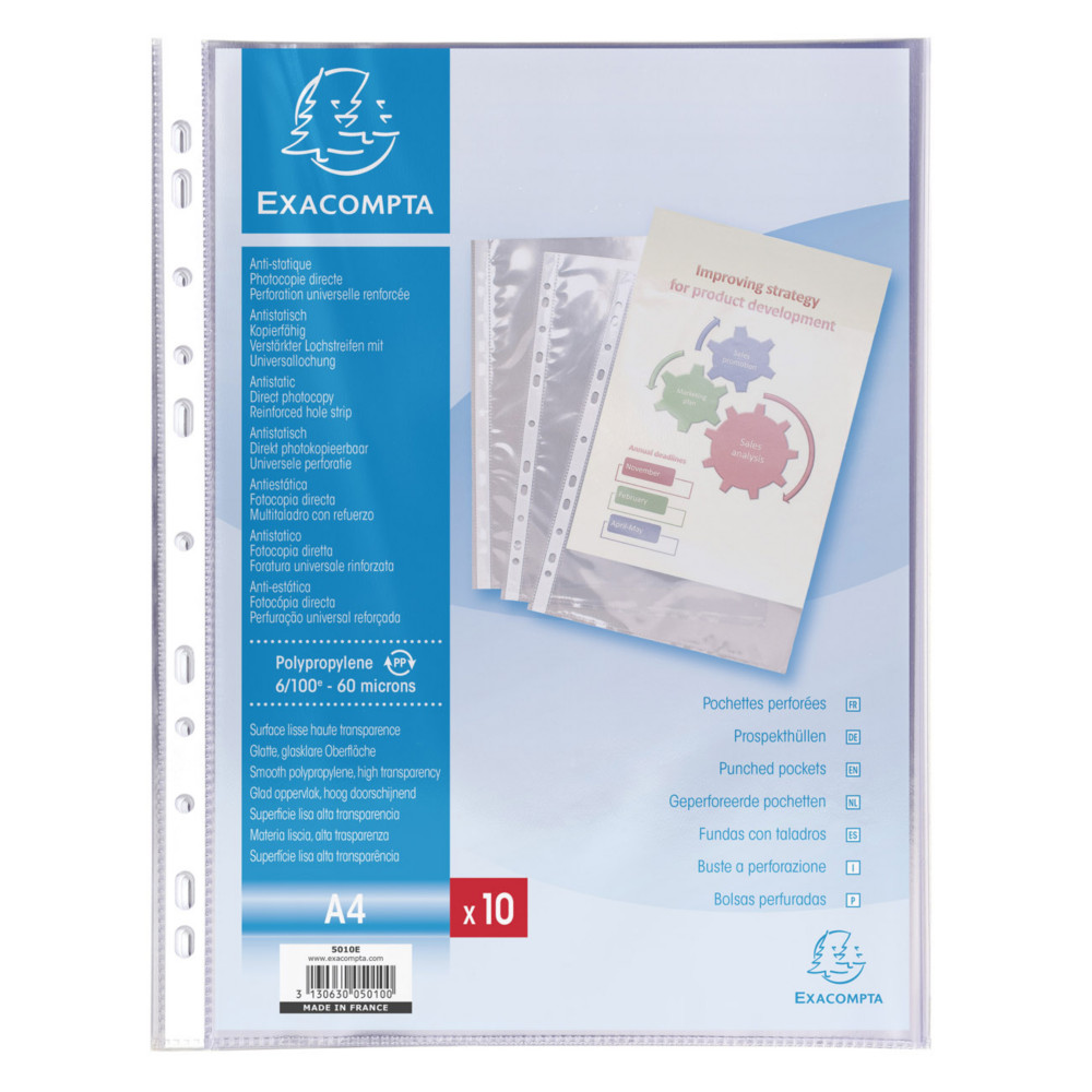 Exacompta Pochettes perfores transparentes A4 polypropylne 6/100e lisses cristal - Lot de 10