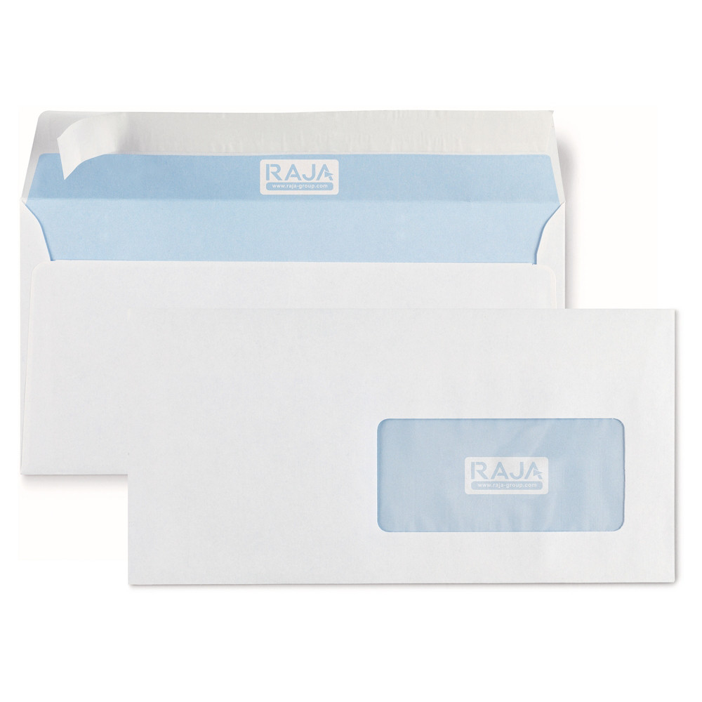 RAJA Enveloppe blanche DL 110 x 220 mm 80g fentre 45 x 100 mm - autocollante bande protectrice - Lot de 500