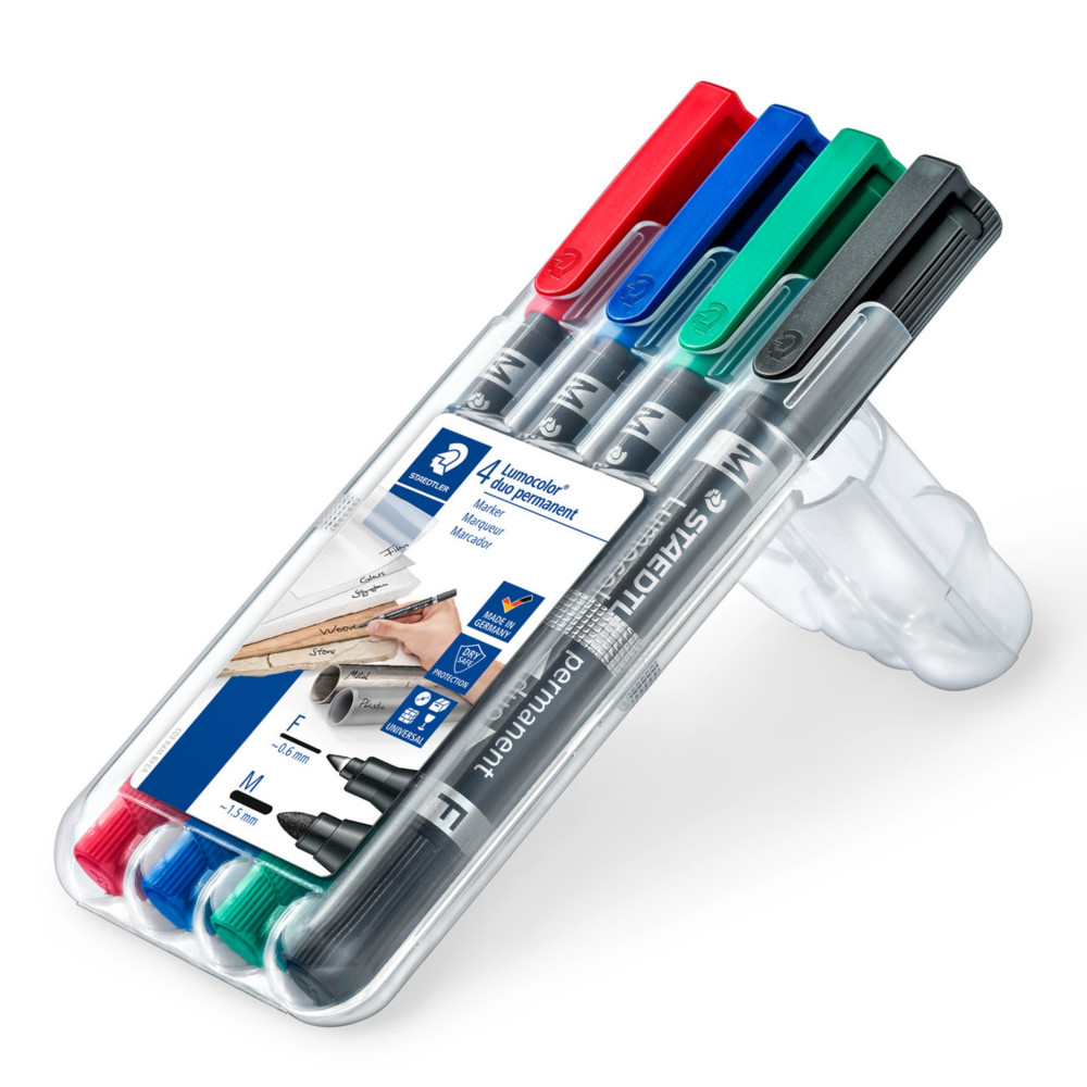 STAEDTLER Lumocolor Marqueur permanent Duo pointes ogives fine et moyenne (0,6mm et 1,5mm) - 4 couleurs assorties