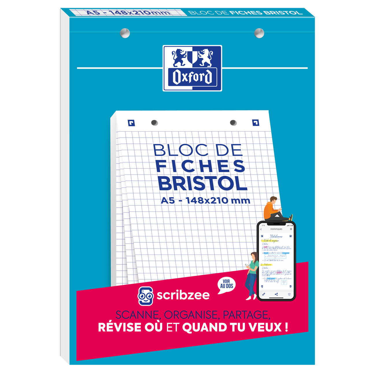 Oxford Bristol 2.0 - Bloc 30 fiches A5 148 x 210mm perforées - blanc quadrillé 5x5