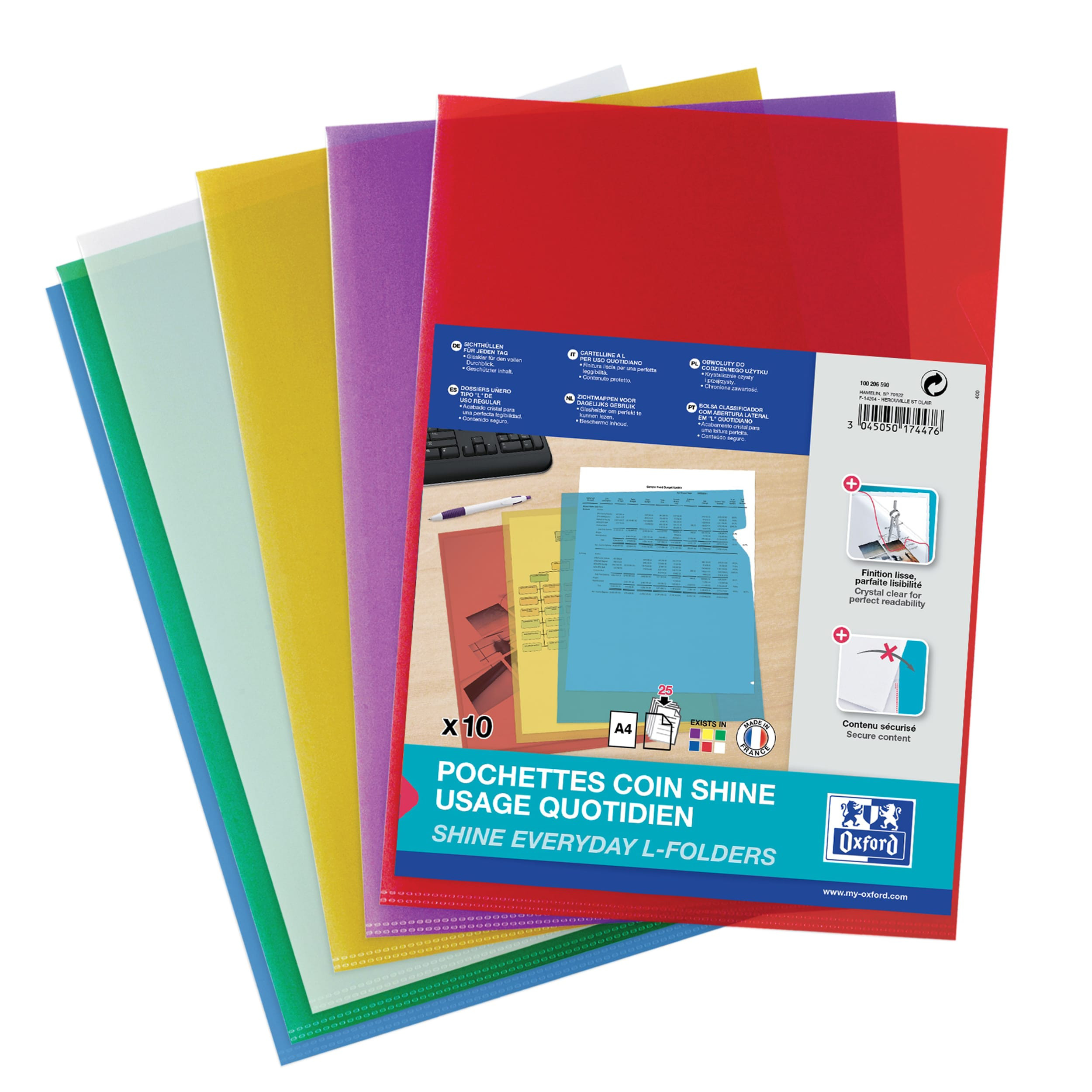 Oxford Pochettes-coin Shine A4 en PP lisse 12/100e couleurs assorties - Lot de 10