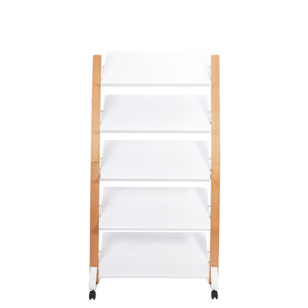 Prsentoir Expo Large mobile sur roulettes pour documents - 5 compartiments A4 - Bois FSC & ABS blanc