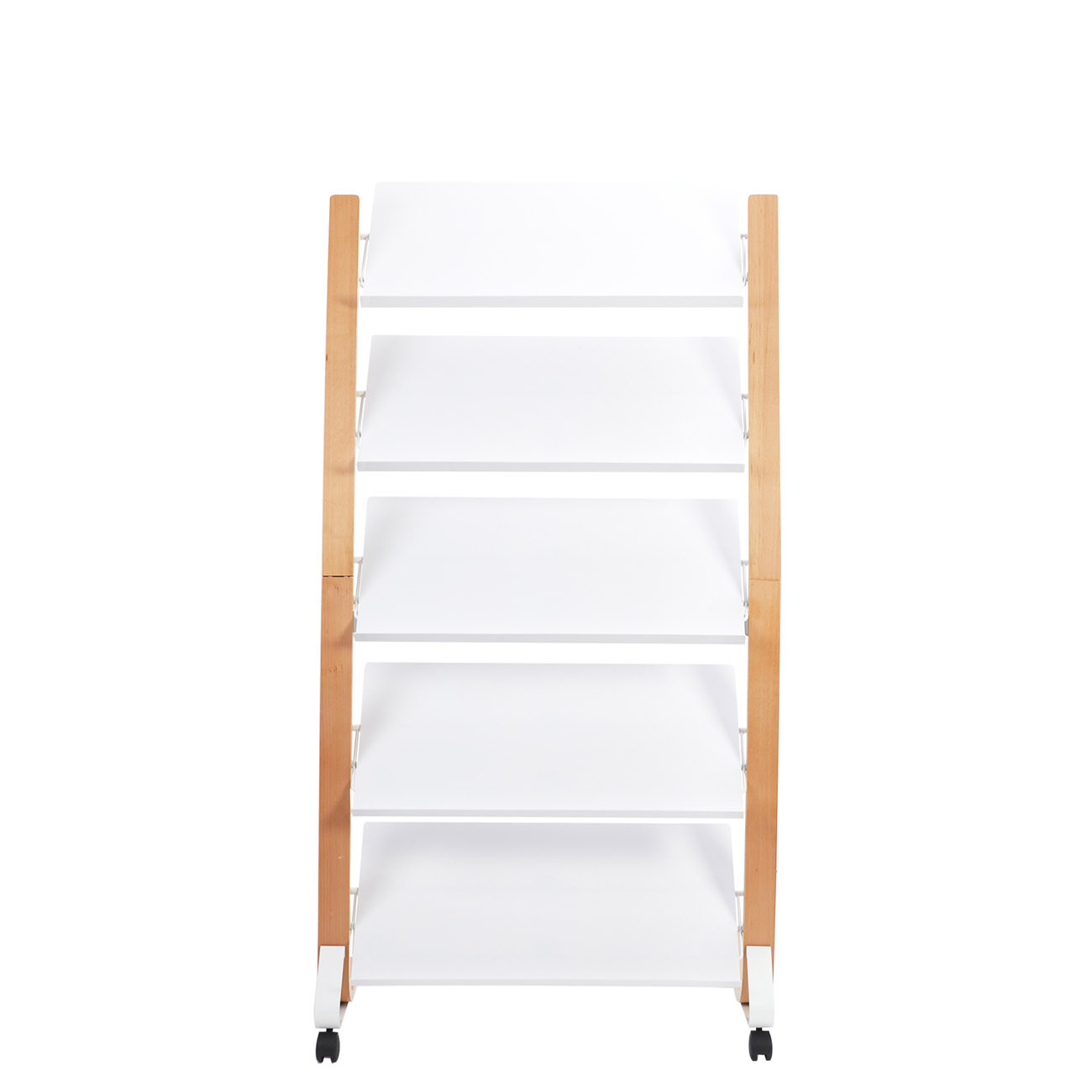 Présentoir Expo Large mobile sur roulettes pour documents - 5 compartiments A4 - Bois FSC & ABS blanc