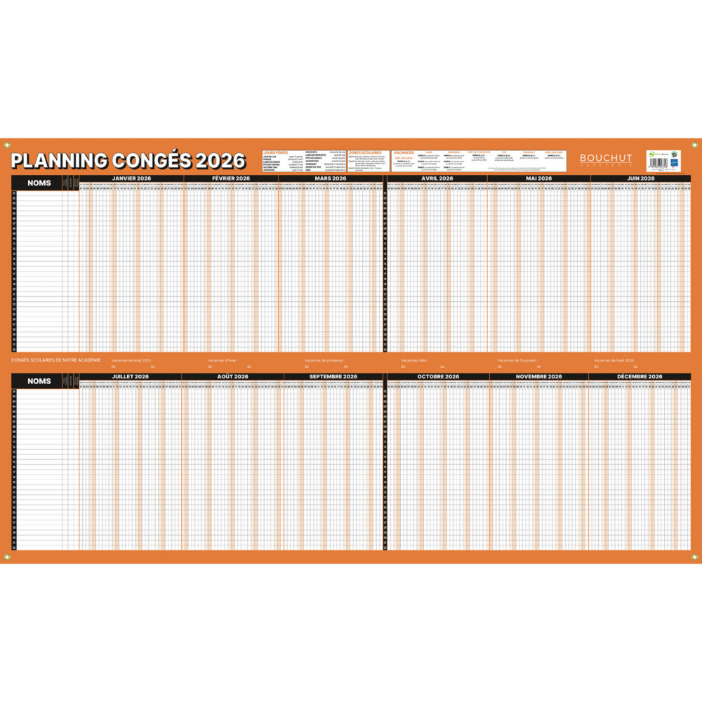 Bouchut Tableau planning annuel congs et absences effaable  sec 60 x 99 cm - 2026