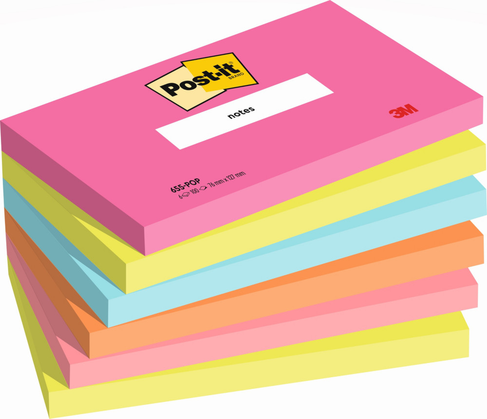 Post-it Notes repositionnables Poptimistic 76 x 127 mm - Assorties - Lot 6 blocs de 100 feuilles