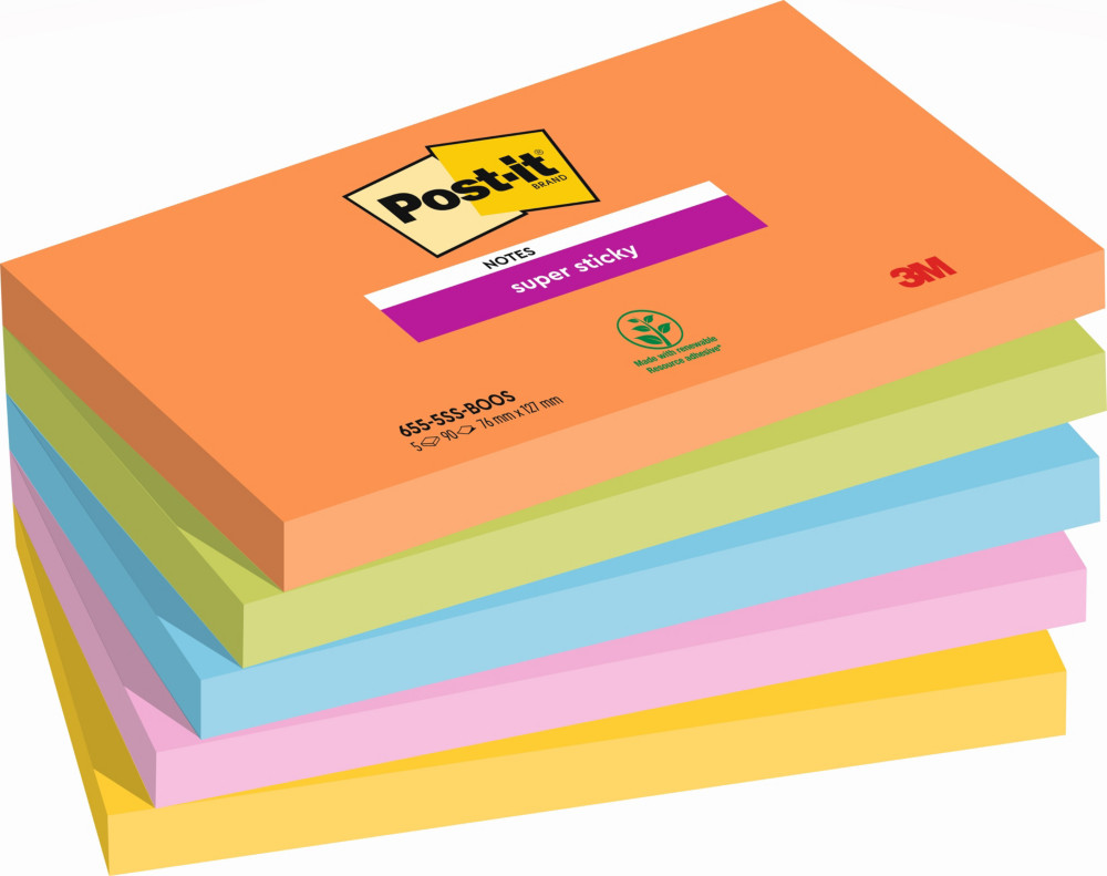 Post-it Notes repositionnables Super Sticky Boost 76 x 127 mm - Assorties - Lot 5 blocs de 90 feuilles
