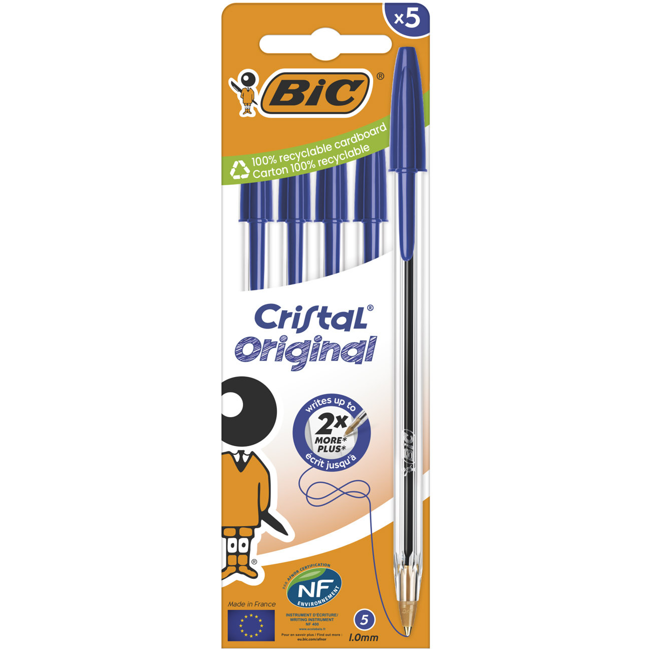 BIC Cristal Original Stylo bille à capuchon - pointe moyenne 1 mm - Bleu - Pochette de 5