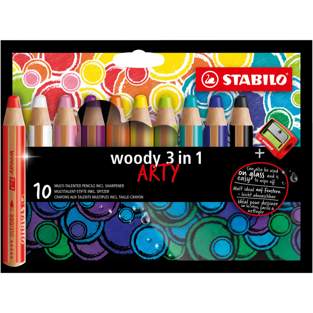 Stabilo Crayon de couleur effaable PEFC multi-talents Woody 3 en 1 - Etui de 10 coloris assortis + 1 taille-crayon