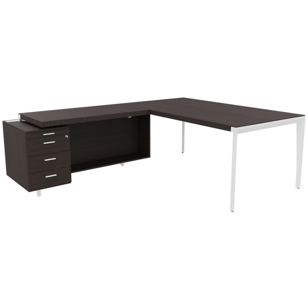 Bureau d'angle direction Arold 192 x 234 avec retour caisson porteur  gauche Placage bois bne - Pitement mtal blanc