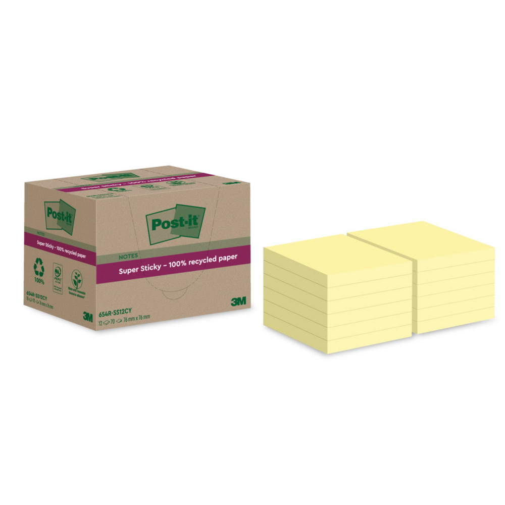 Post-it Notes repositionnables Super Sticky recycles 76 x 76 mm - Jaune - Lot 12 blocs de 70 feuilles