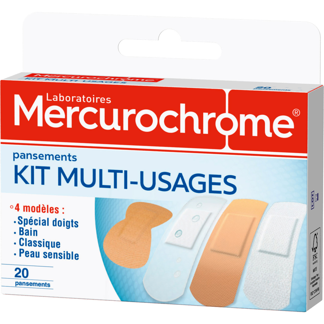 Mercurochrome Mecurochrome Pansements classiques - Résistant à l'eau - 4 modèles et 2 couleurs - C multi-usages - Boîte de 20