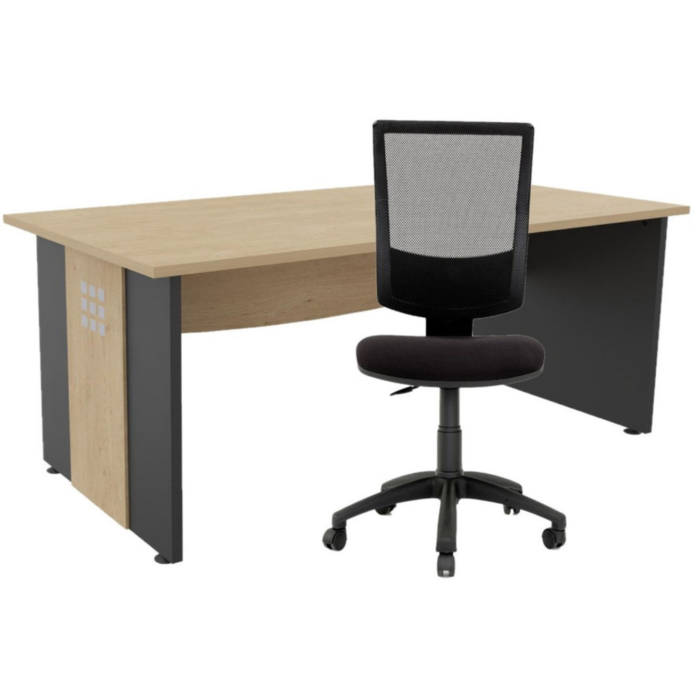 Pack bureau droit Axiome L.140 cm Plateau Chne Pieds panneaux Anthracite + Sige Jenny maille/tissu Noir