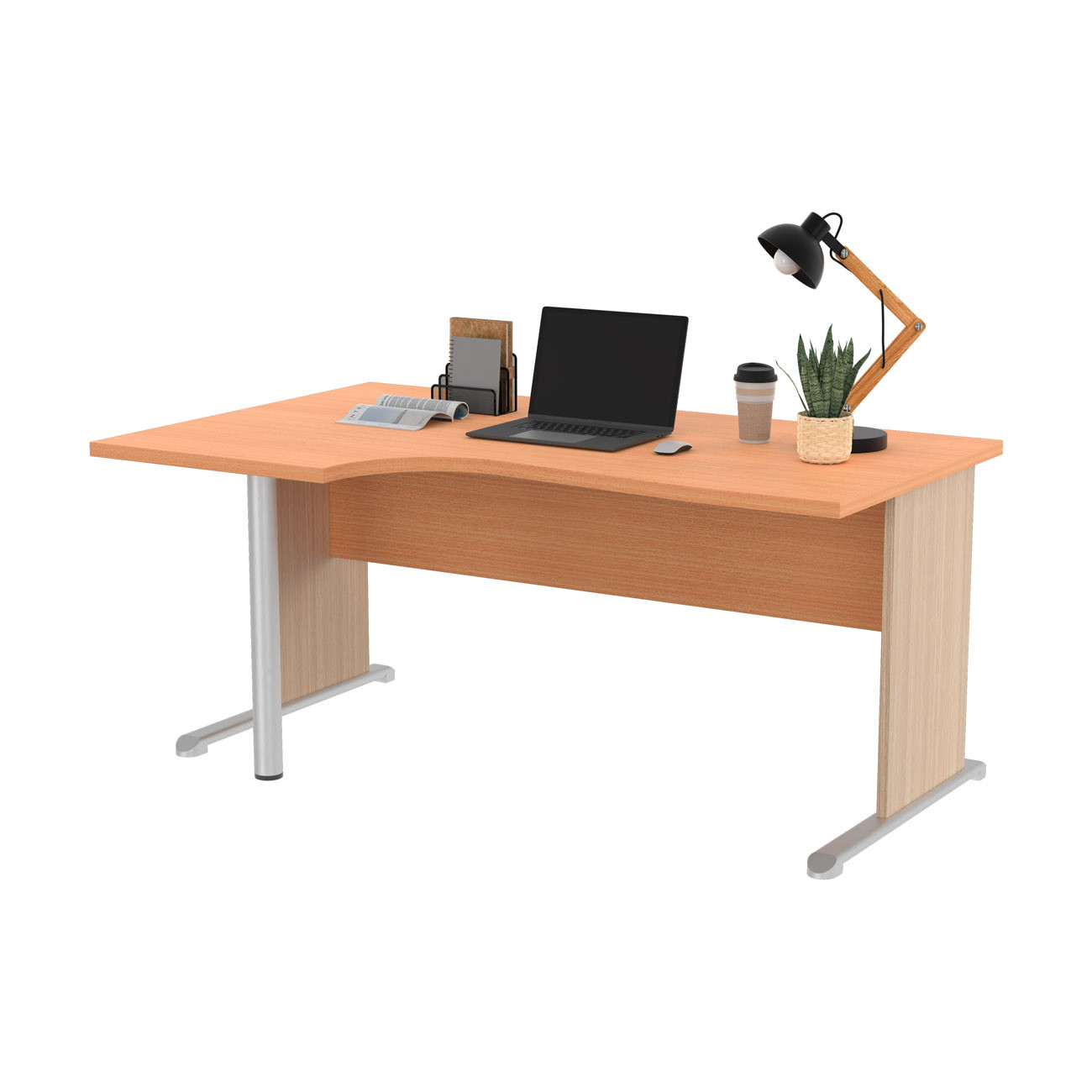 Bureau d'angle compact retour à gauche Pronto Bois - L.160 x P.100 cm - Plateau Hêtre - Pieds L Chêne