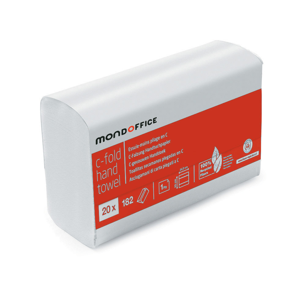 MONDOFFICE Essuie-mains pliage en C simple épaisseur gaufrés recyclés 330 mm blanc naturel - Lot de 24 paquets 168 feuilles
