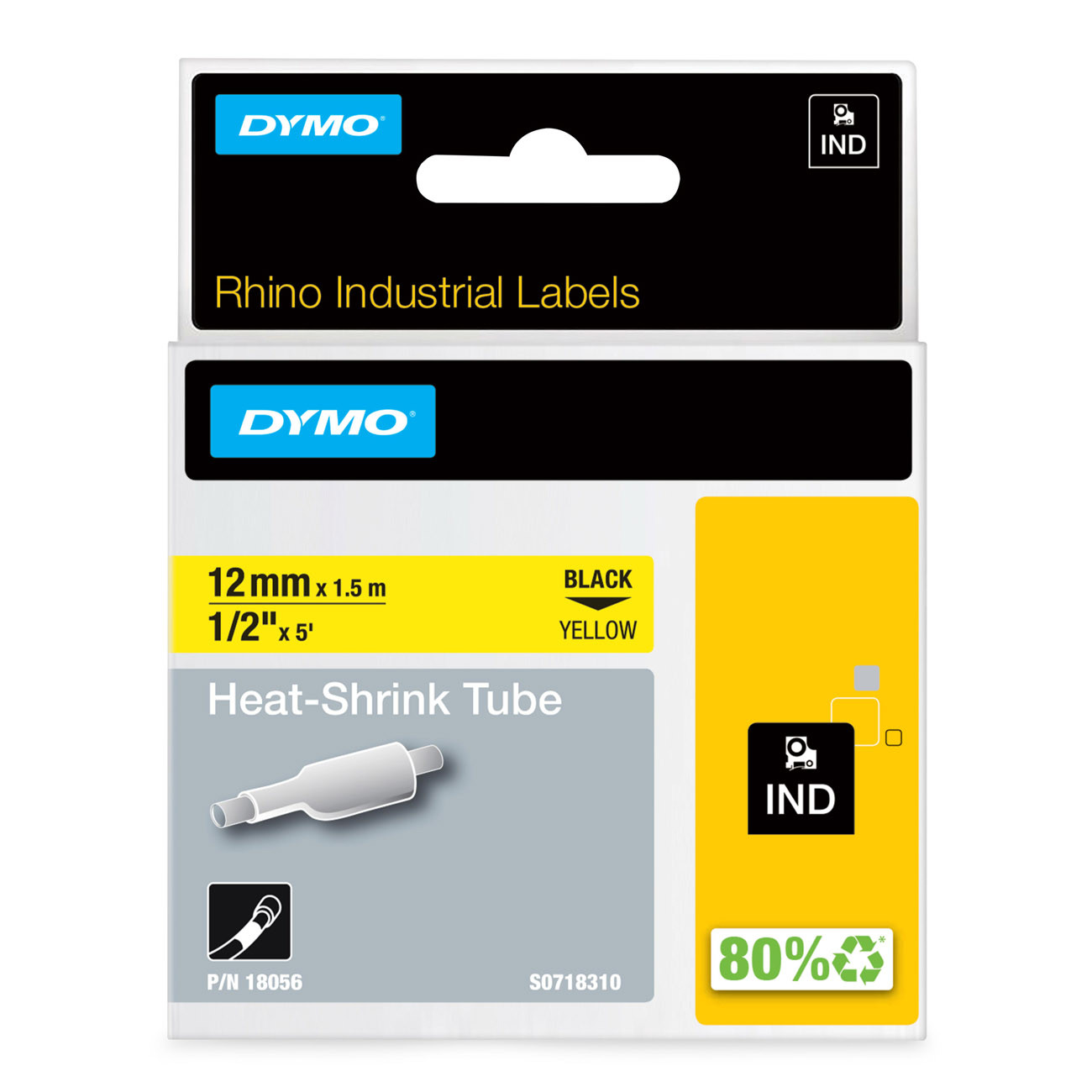 Dymo Ruban thermorétractable 18056 Rhino - 12 mm x  1,5 m - Noir sur Jaune