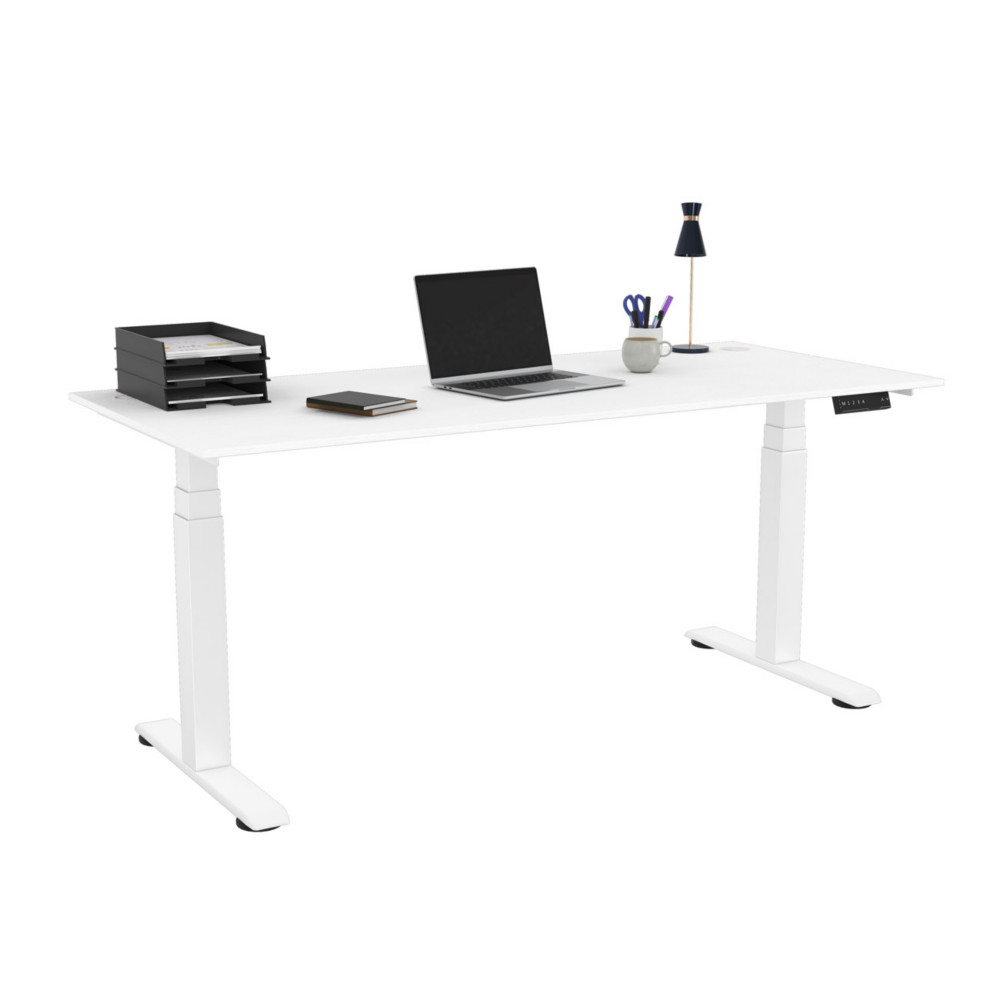 Bureau assis-debout Activ'o - Rglage lectrique en hauteur - L.180 x P.80 cm - Plateau Blanc avec obturateurs - Pieds mtal Blanc