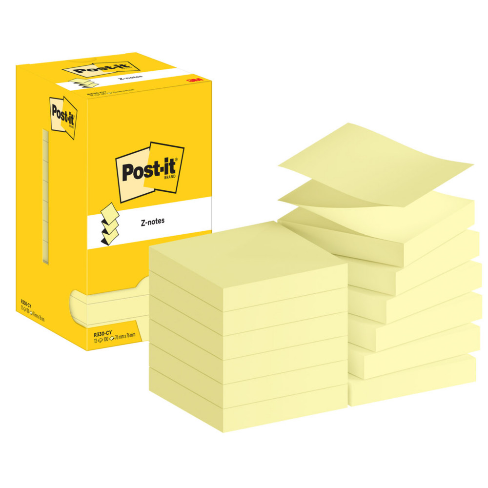 Post-it Notes Repositionnables Z-Notes carres Jaune 76 x 76 mm - lot de 12 blocs de 100 feuilles