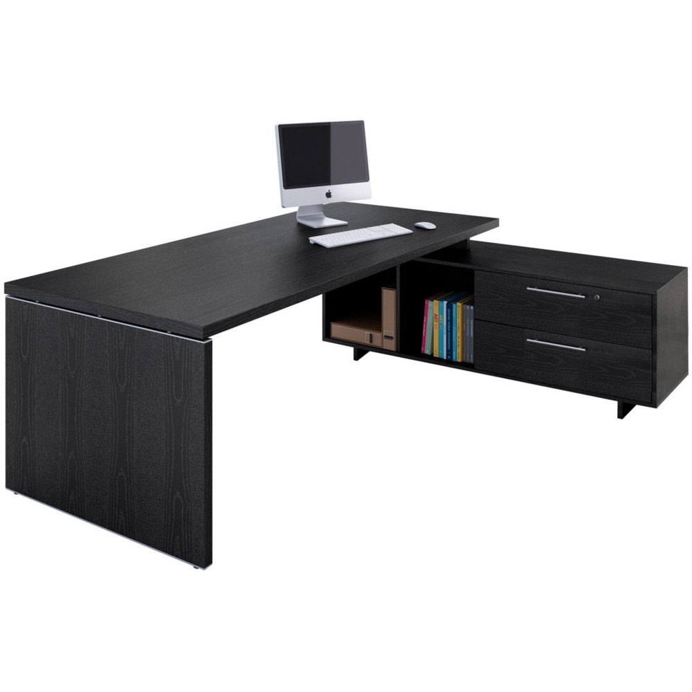 Bureau de direction Flore avec retour suspendu - L.195 x P.170 cm - Plateau Frne noir - Pieds panneaux