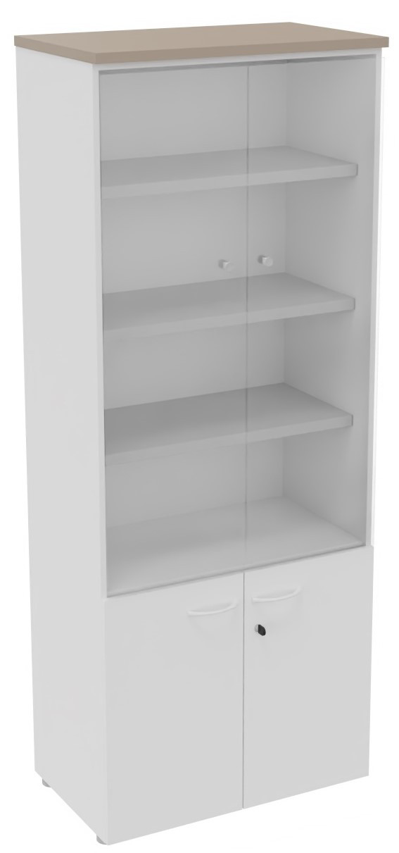 Bibliotheque+haute+4+portes+dont+2+vitrees+L.80+x+P.48+x+H.201+cm+-+Corps+Blanc+-+Top+Argile