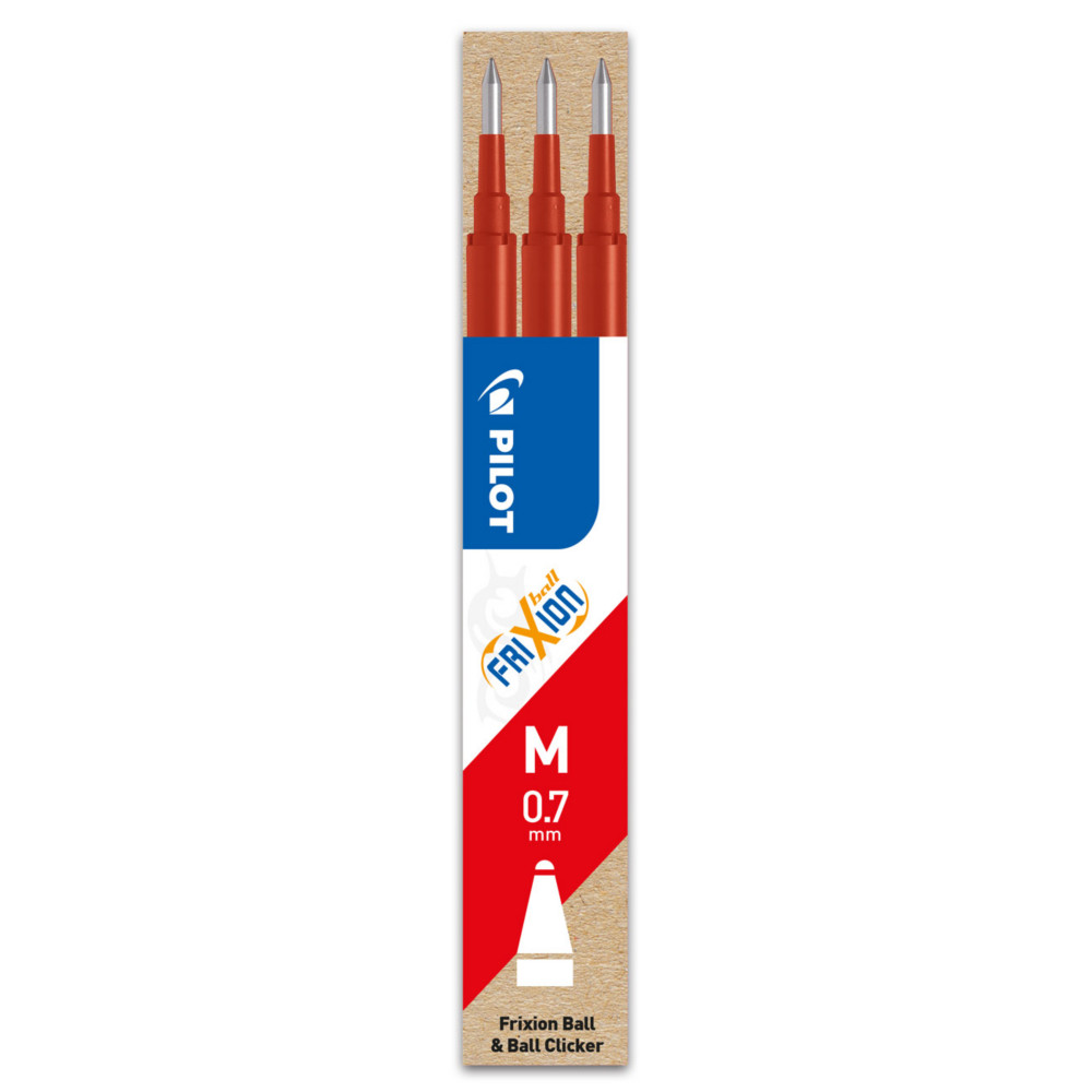 Pilot Recharge pour stylo roller encre gel effaable FriXion Ball et FriXion Clicker pointe moyenne 0,7 mm rouge - Pochette de 3
