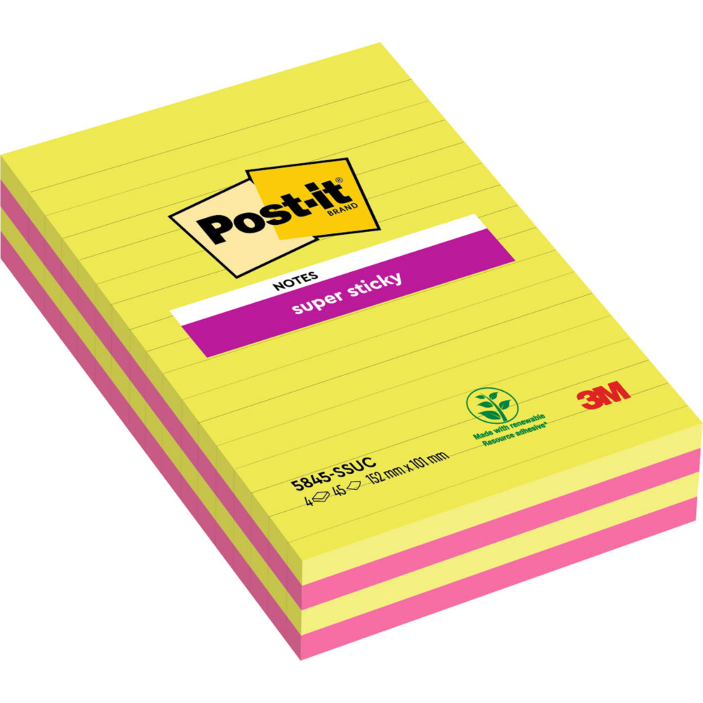 Post-it Notes Repositionnables Super Sticky Lignes Rectangle 125 x 200mm Arc-en-ciel - lot de 4 blocs de 45 Feuilles