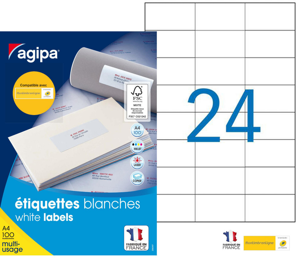 AGIPA 119015 Etiquettes blanches multi-usage 70 x 37 mm - Bote de 2400