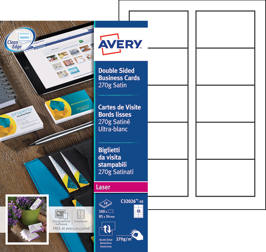 Avery C32026-10 - Cartes de visite blanches  bords lisses - 85 x 54 mm - Impression laser