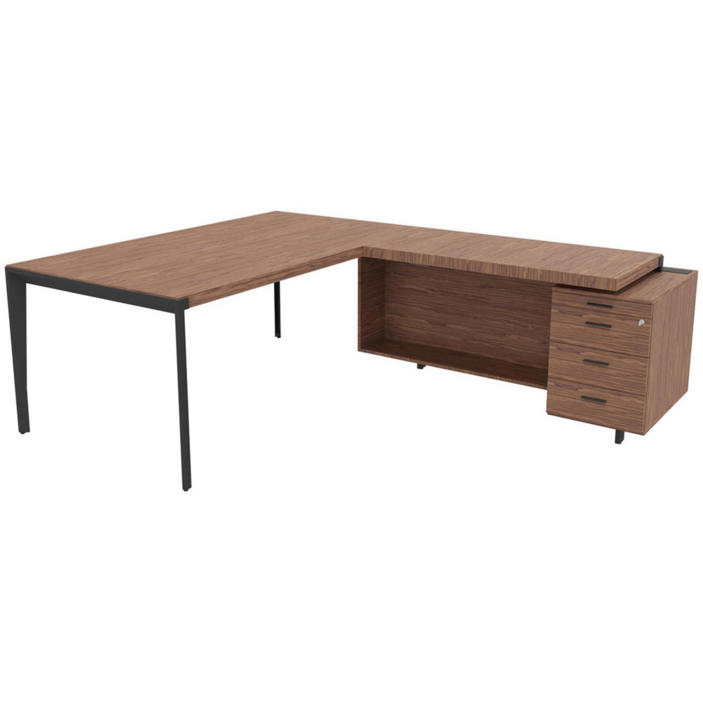 Bureau d'angle direction Arold 212 x 234 avec retour caisson porteur  droite Placage bois noyer - Pitement mtal gris