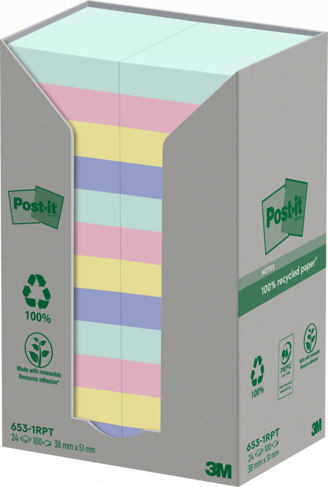 Post-it Notes repositionnables Nature recycles 38 x 51 mm - Assorties - Tour 24 blocs de 100 feuilles