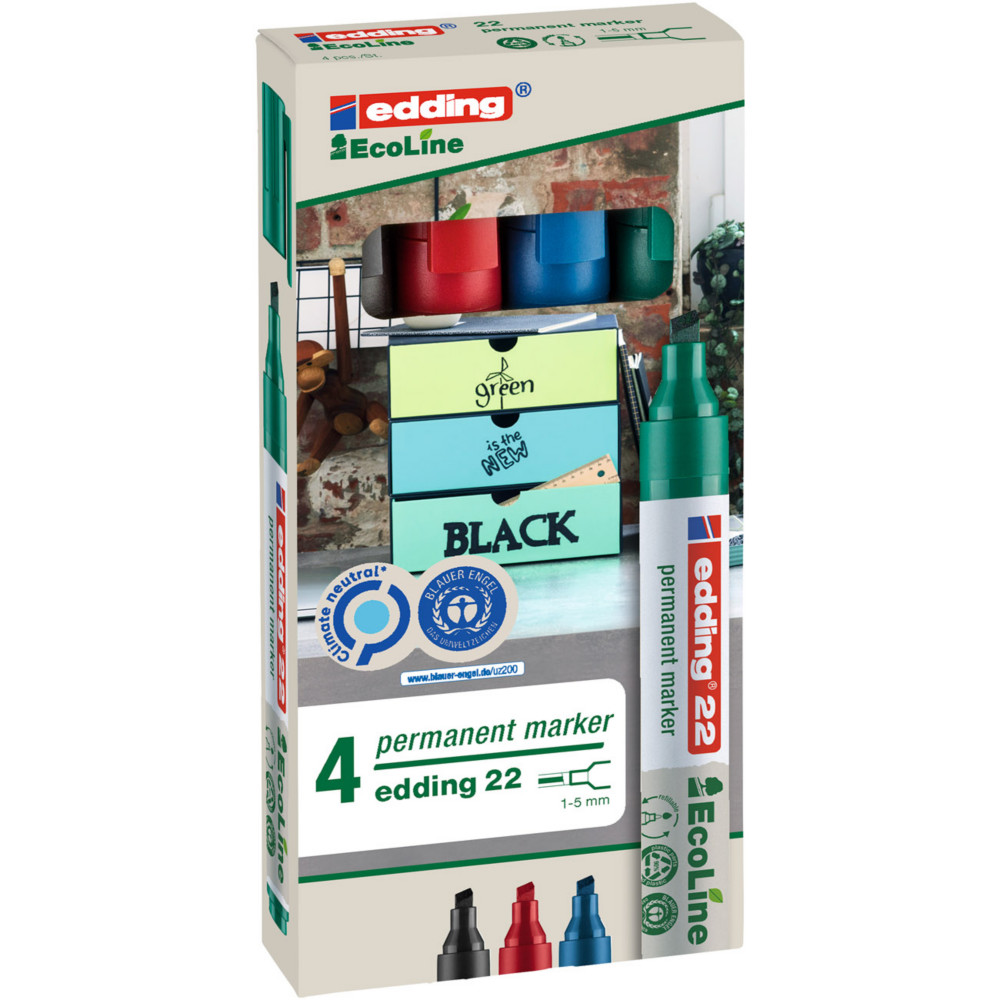 edding 22 EcoLine Marqueur permanent - 90% de plastique recycl - pointe biseaute 5 mm - Pochette 4 couleurs assorties