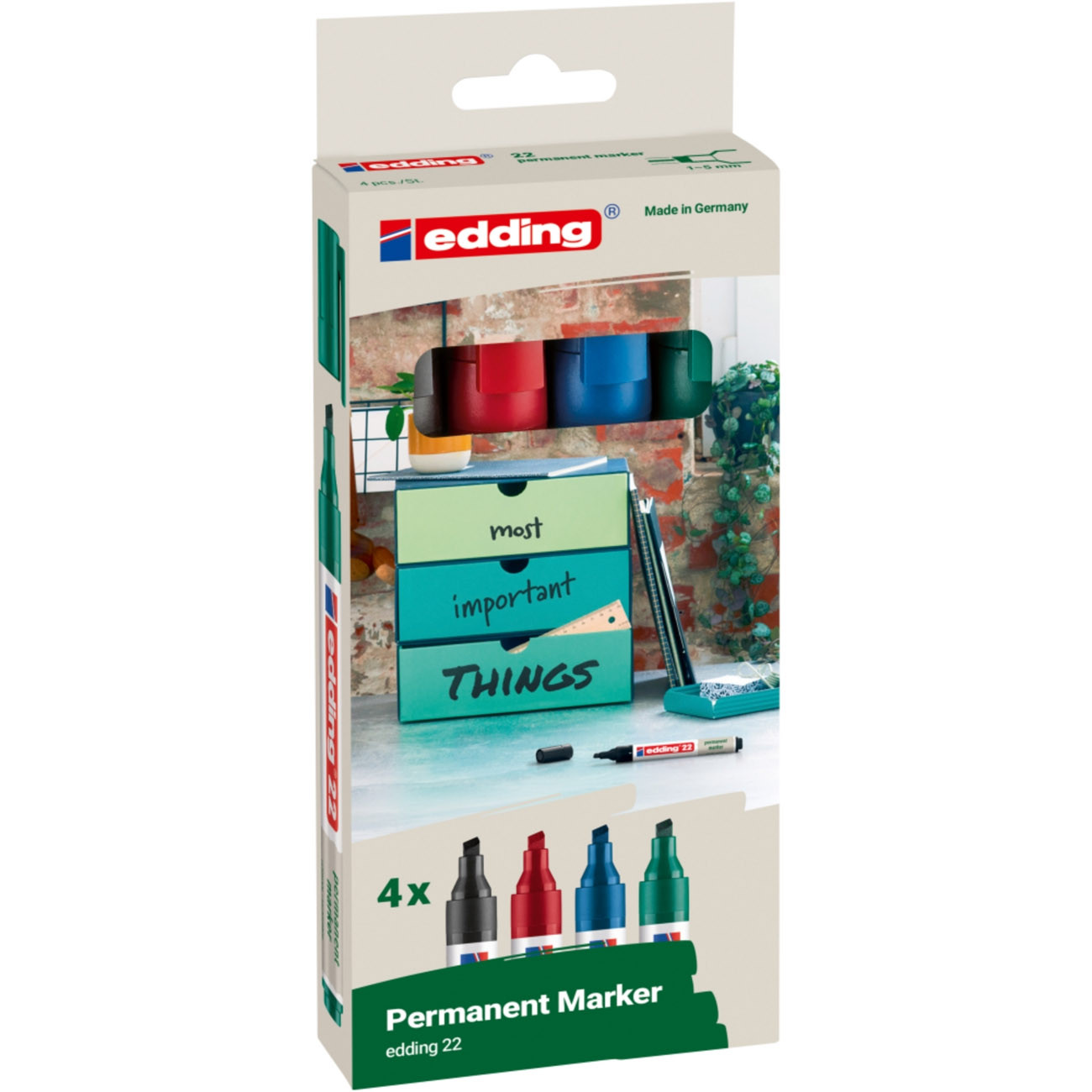 Marqueur permanent 4 couleurs Edding Ecoline e 22 pointe de 1 à 5 mm lot de 4