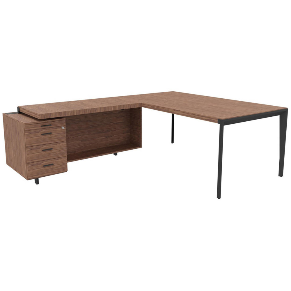 Bureau d'angle direction Arold 212 x 234 avec retour caisson porteur  gauche Placage bois noyer - Pitement mtal gris