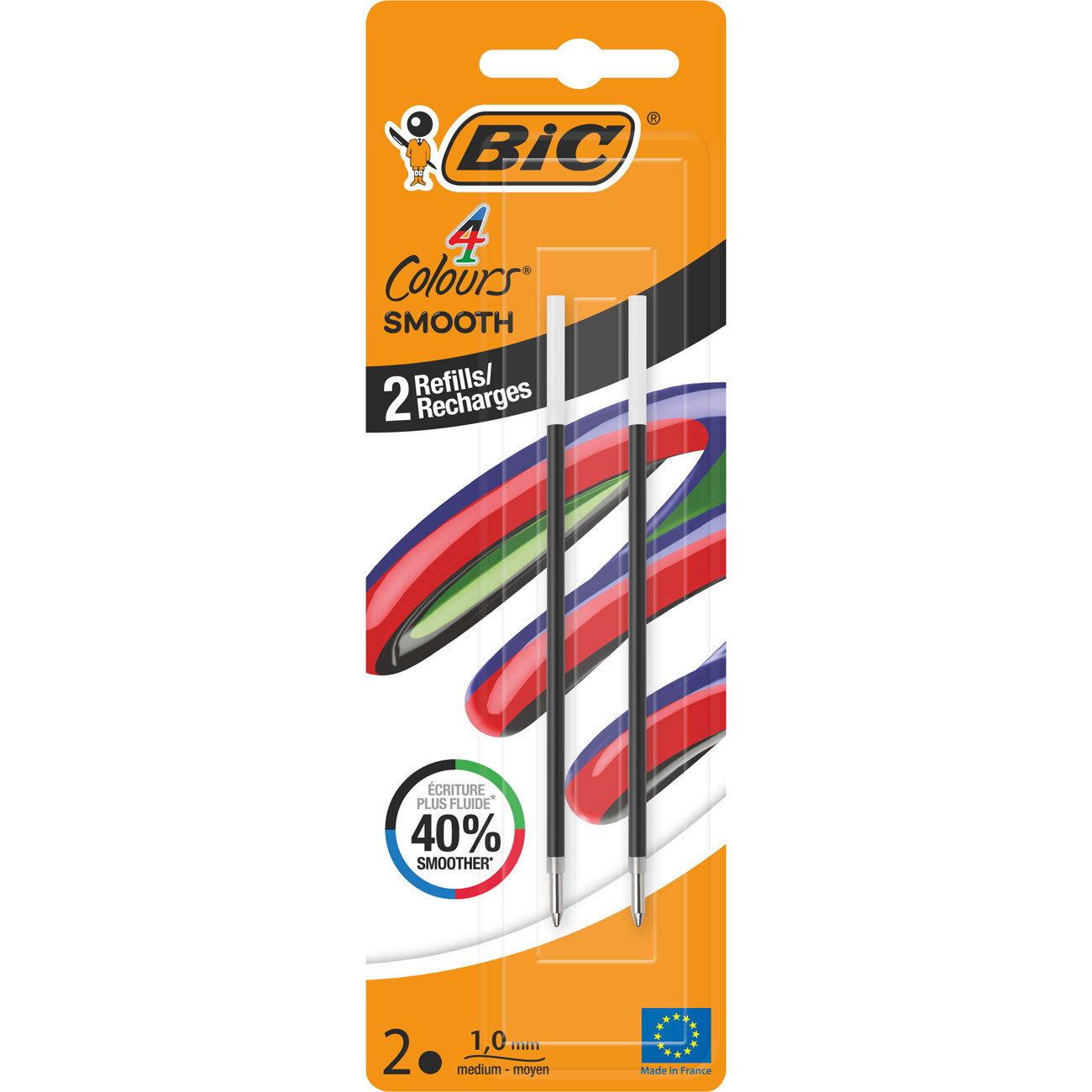 BIC+Recharges+noires+pour+stylo-bille+4+Couleurs+Smooth+-+Pointe+moyenne+1+mm+-+Encre+ultra+douce+-++Blister+de+2