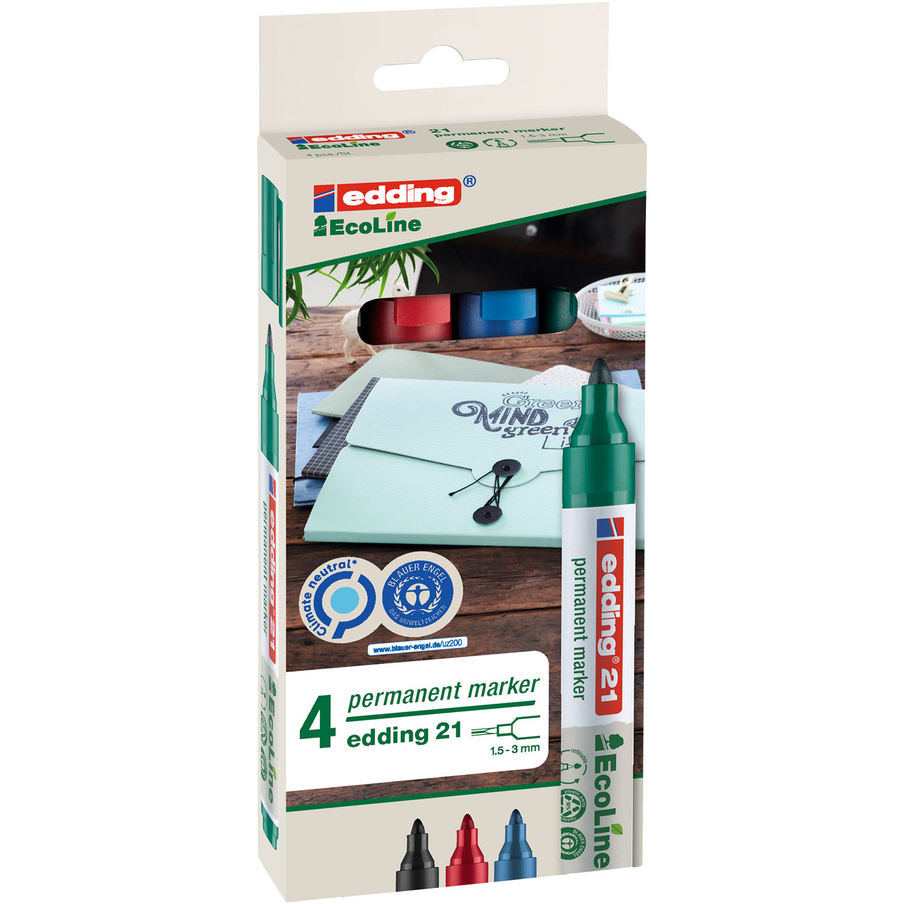 edding 21 EcoLine Marqueur permanent - 90% de plastique recyclé - pointe ogive 1,5 - 3 mm - Pochette 4 couleurs assorties