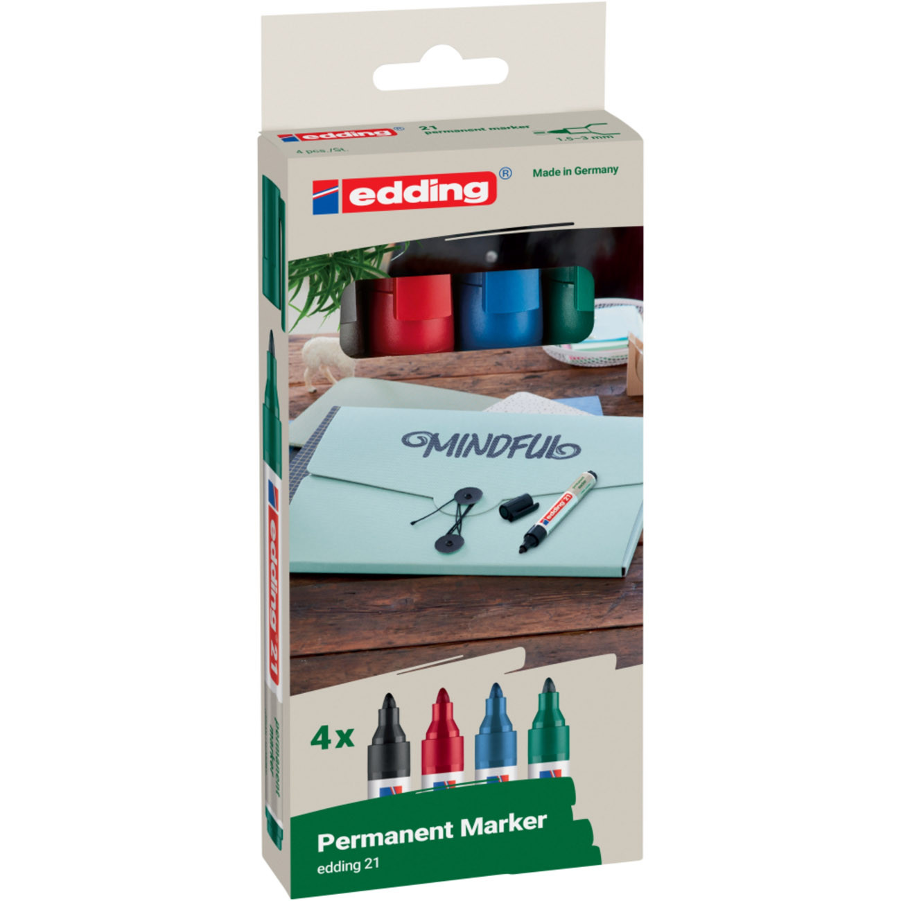 edding 21 Marqueur permanent - 90% de plastique recyclé - pointe ogive 1,5 - 3 mm - Pochette 4 couleurs assorties