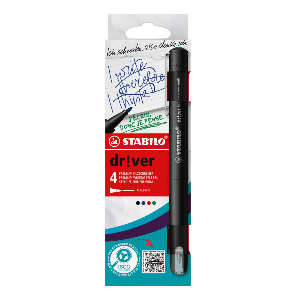 STABILO Stylo-feutre Dr!ver pointe moyenne (0,8mm) - Corps en plastique biosourc  - Pochette de 4 couleurs
