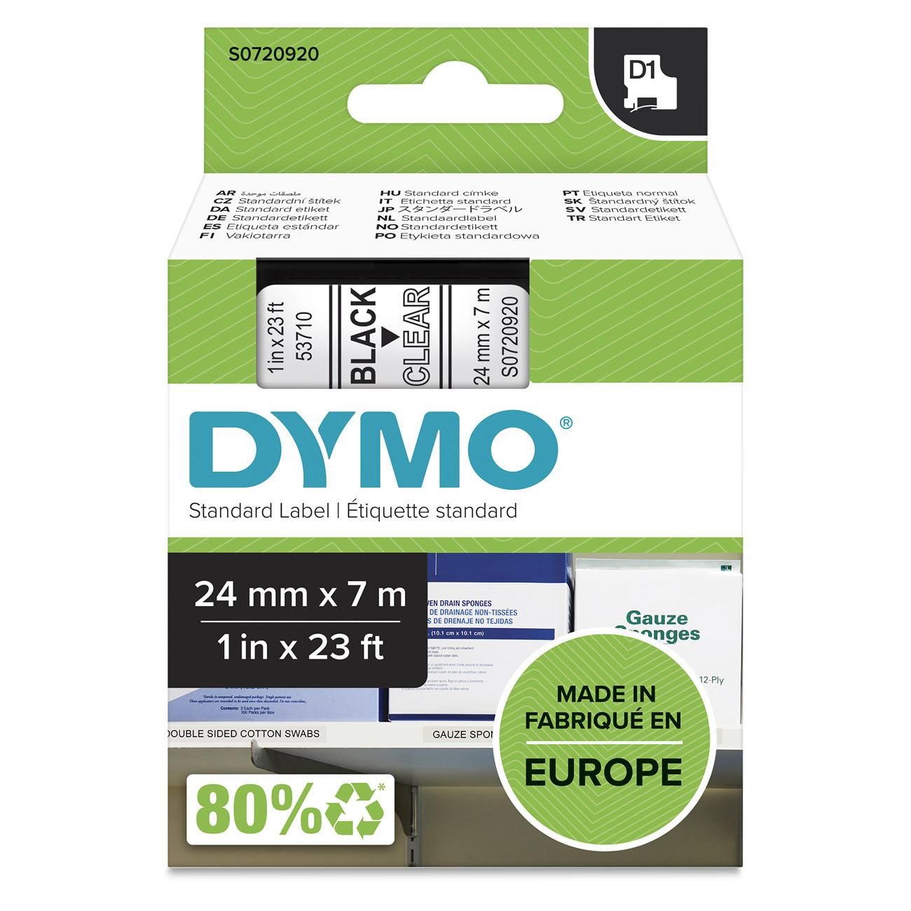 Dymo Cassette ruban d'étiquettes D1 auto-adhésive - S0720920 pour étiqueteuse - 24 mm x 7 m - Noir sur tranparent