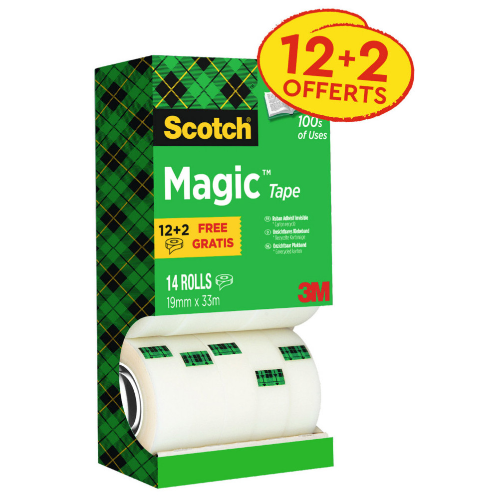 Scotch Magic Tape Ruban adhsif invisible largeur 19 mm x longueur 33 m (Lot de 12 + 2 OFFERTS)