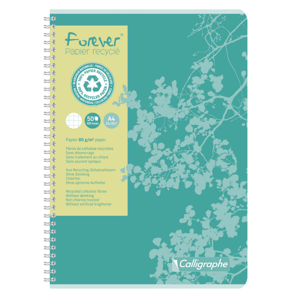 Calligraphe Cahier  spirale Forever A4 21 x 29,7 cm - 80g - Papier recycl & certifi - Petits carreaux 5x5 - 100 pages
