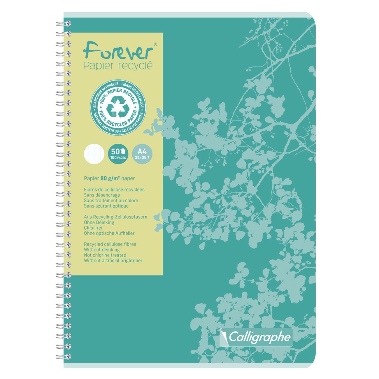 Calligraphe+Cahier+à+spirale+Forever+A4+21+x+29,7+cm+-+80g+-+Papier+recycle+%26+certifie+-+Petits+carreaux+5x5+-+100+pages