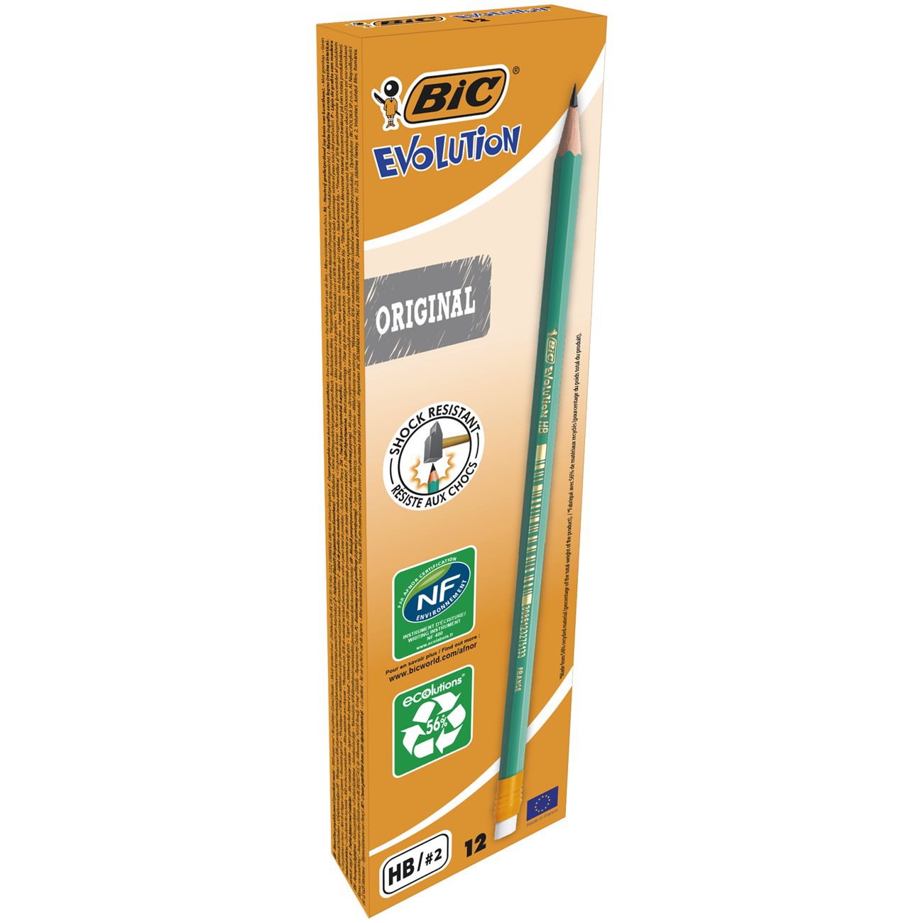 BIC+Evolution+Original+Crayon+de+papier+mine+HB+avec+gomme+-+Corps+hexagonal+vert+-+Boite+de+12