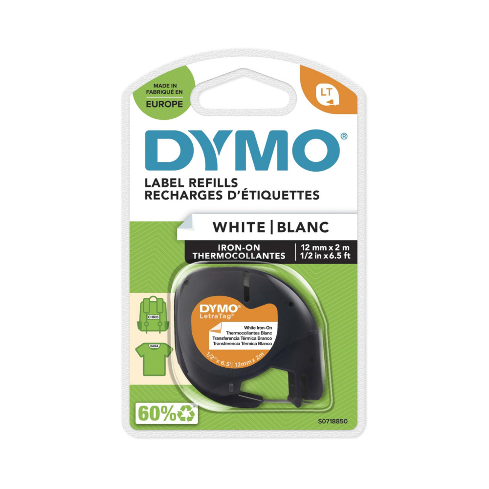 Dymo Ruban LT S0718850 textile thermocolant LetraTag  - 12mmx2m - Noir sur Blanc