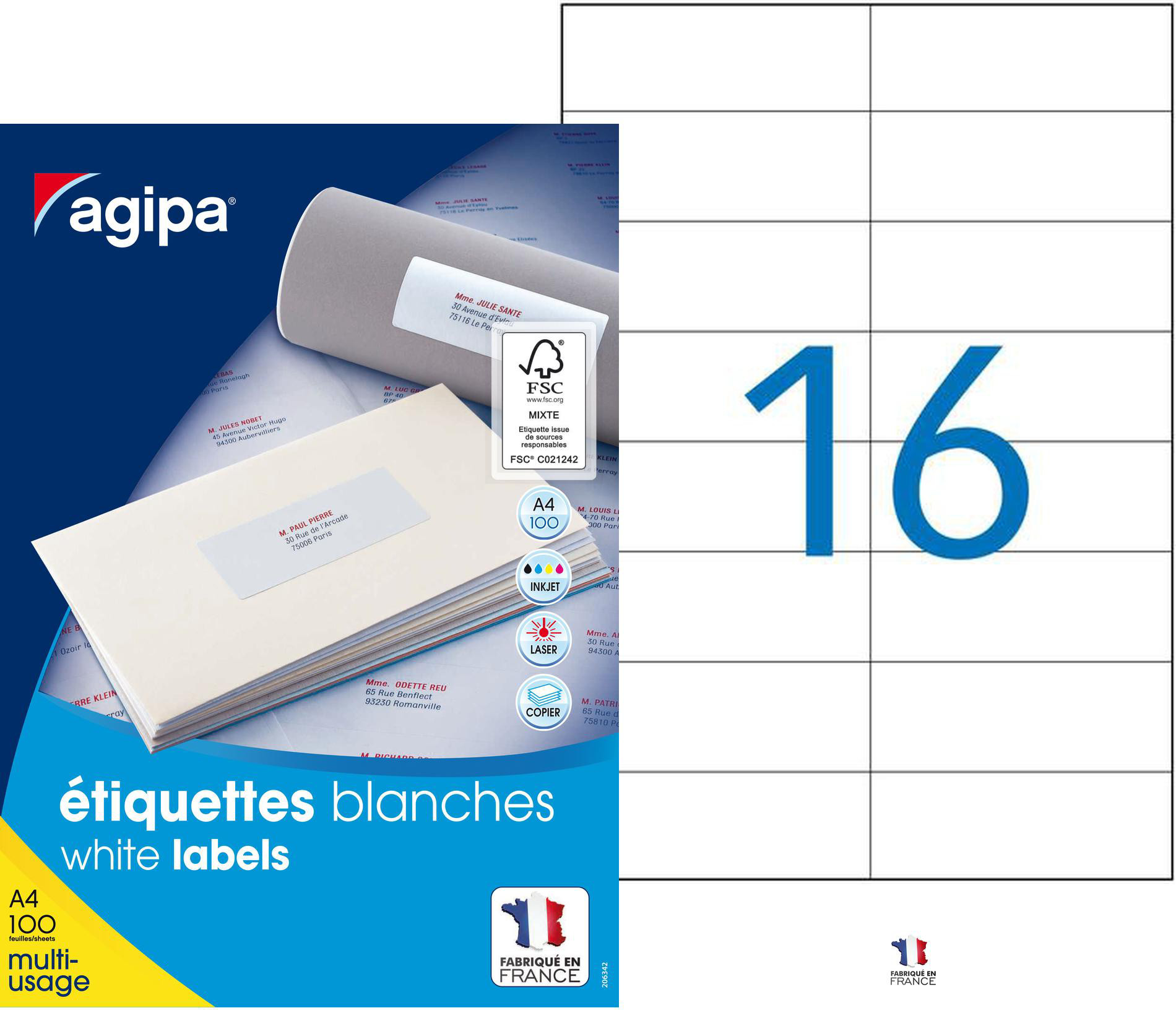 AGIPA 119012 Etiquettes blanches multi-usage 105 x 37 mm - Boîte de 1600