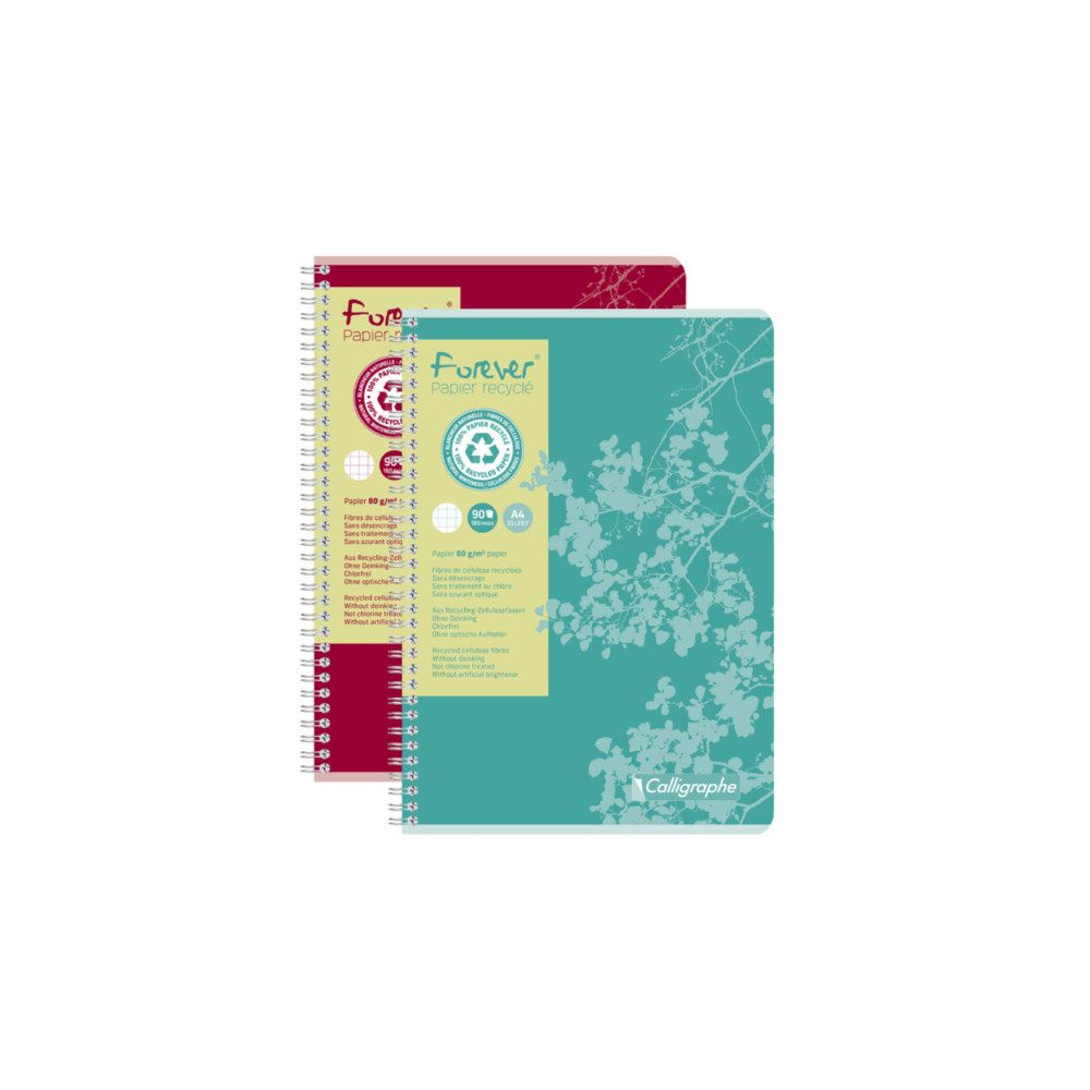 Calligraphe Cahier  spirale Forever A4 21 x 29,7 cm - 80g - Papier recycl & certifi - Petits carreaux 5x5 - 180 pages