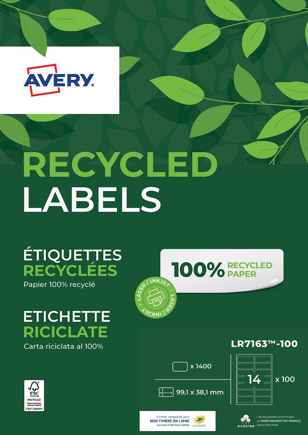 Avery LR7163 Etiquettes adresses blanches 100% recyclées 99,1 x 38,1 mm - Boîte de 1400