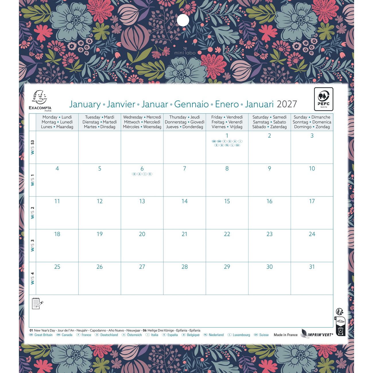 Exacompta Calendrier mensuel Mini Labo Format 27 5 x 30 5 cm par page Janvier à décembre 2027