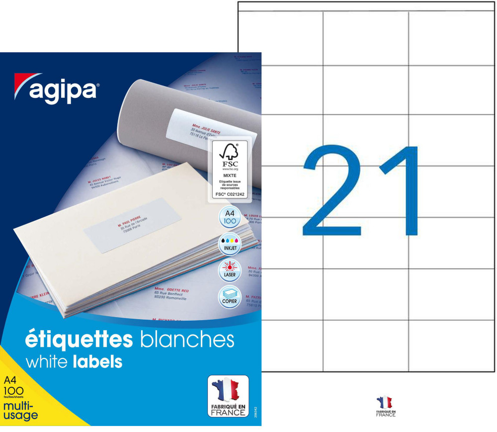 AGIPA 119009 Etiquettes blanches multi-usage 70 x 42 mm - Bote de 2100